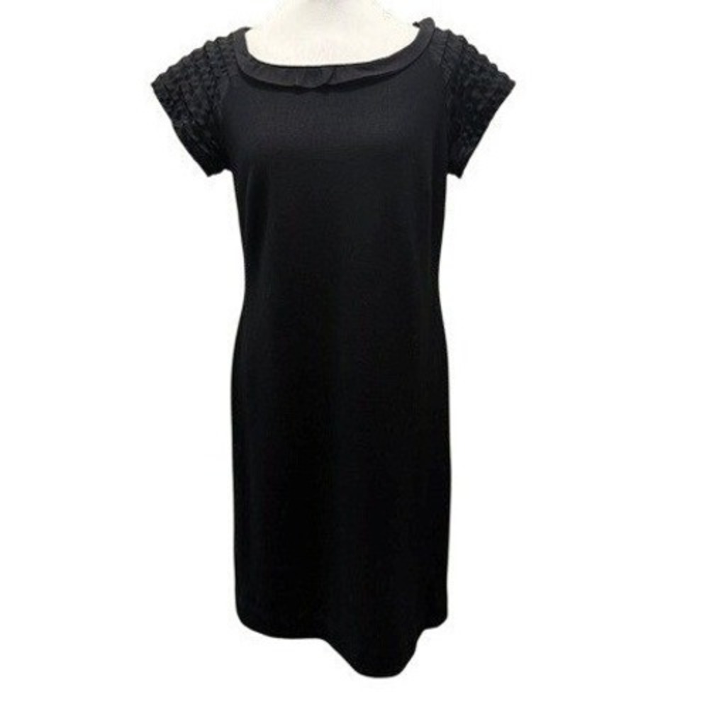 Ann Taylor Womens 8 Black Ruffle Cap Sleeve Sheath Dress Scoop Neck Side Zip